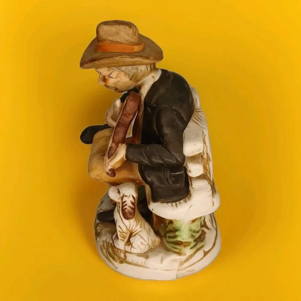 Vtg Norleans Japan Figurine Man on Bench Playing Fiddle with Dog 7.5